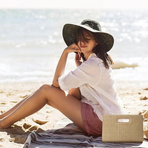 Beach Clutch Bag Straw Summer Clutch Purses for Women Handmade Woven Purse Detachable Gold Chain, Crossbody in Kuwait