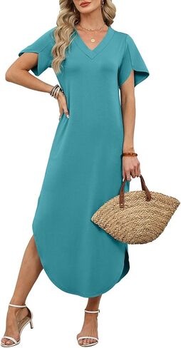 WIHOLL Summer Dresses for Women Short Sleeve Maxi Dresses V Neck Sundress with Side Slit Pockets Casual Beach Dress in Kuwait
