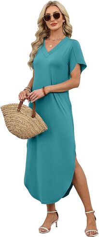 WIHOLL Summer Dresses for Women Short Sleeve Maxi Dresses V Neck Sundress with Side Slit Pockets Casual Beach Dress in Kuwait