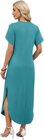 WIHOLL Summer Dresses for Women Short Sleeve Maxi Dresses V Neck Sundress with Side Slit Pockets Casual Beach Dress in Kuwait