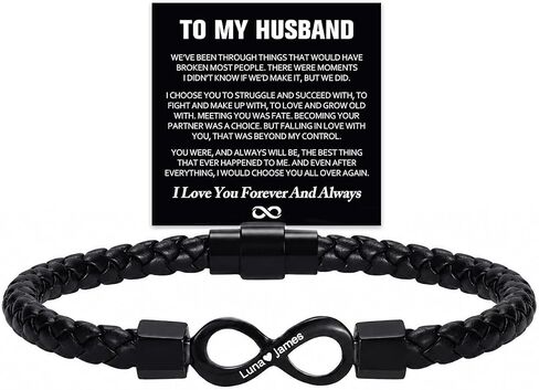 To My Husband Bracelet – Dual Name Custom Infinity Leather Bracelet for Men, Personalized Stainless Steel Adjustable Cuff Bracelet, Romantic Anniversary Birthday Gift for Him in Saudi Arabia