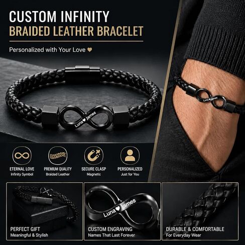 To My Husband Bracelet – Dual Name Custom Infinity Leather Bracelet for Men, Personalized Stainless Steel Adjustable Cuff Bracelet, Romantic Anniversary Birthday Gift for Him in Saudi Arabia