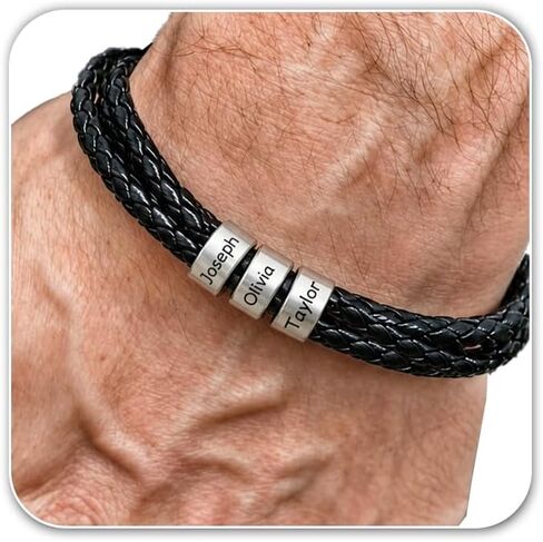 Fathers Day Gifts for Dad, Custom Bracelets for Men with Family Names Personalized Mens Leather Bracelet Customized Gifts for Boyfriend Husband in Kuwait
