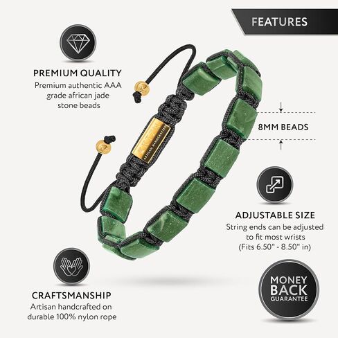 RTZN® Jade Bracelet for Men – Premium Artisan Handcrafted Authentic Dark Green Jade Bracelet – 8MM Beaded Stone Mens Jade Bracelets in Saudi Arabia