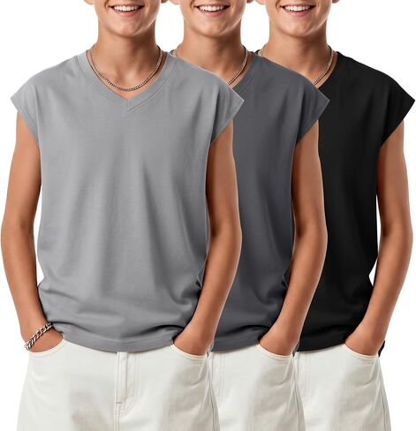 3 Pack Boys' Tank Tops Kids Ribbed Loose V Neck Sleeveless Undershirts Teen Summer Casual Athletic Tees 5-14 Years in Kuwait