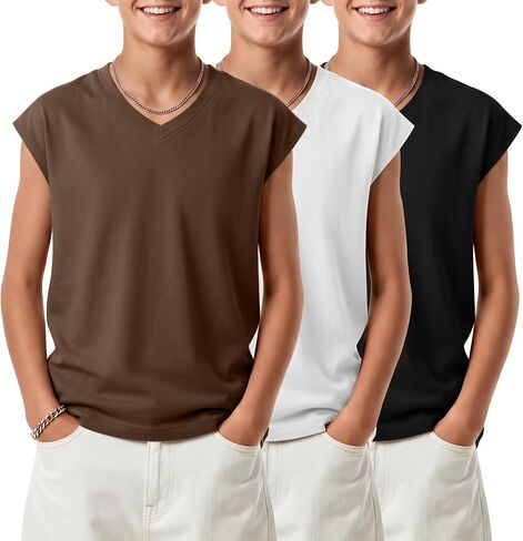 3 Pack Boys' Tank Tops Kids Ribbed Loose V Neck Sleeveless Undershirts Teen Summer Casual Athletic Tees 5-14 Years in Saudi Arabia