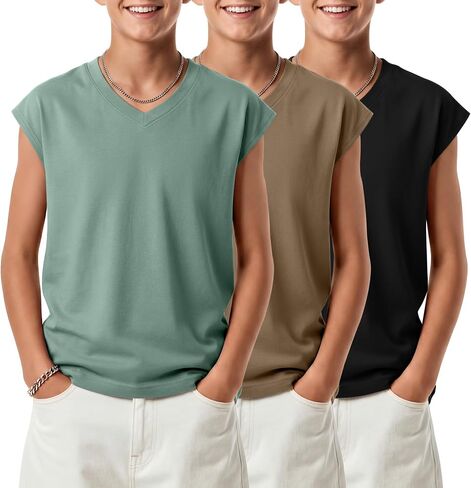3 Pack Boys' Tank Tops Kids Ribbed Loose V Neck Sleeveless Undershirts Teen Summer Casual Athletic Tees 5-14 Years in Saudi Arabia