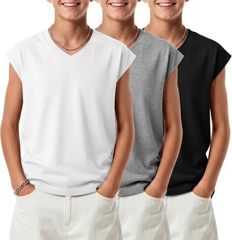 3 Pack Boys' Tank Tops Kids Ribbed Loose V Neck Sleeveless Undershirts Teen Summer Casual Athletic Tees 5-14 Years in Saudi Arabia