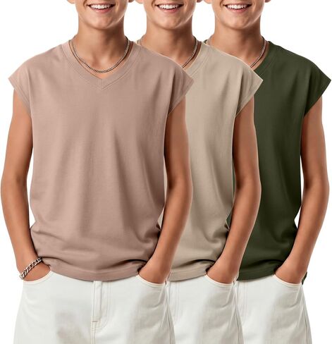 3 Pack Boys' Tank Tops Kids Ribbed Loose V Neck Sleeveless Undershirts Teen Summer Casual Athletic Tees 5-14 Years in Saudi Arabia