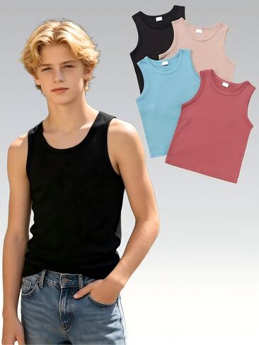Boys Sleeveless Tank Tops 3 Pack Cotton Athletic Undershirts Casual Vests for Play & Sports in Kuwait