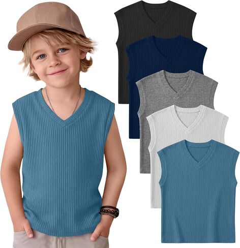 Xaatren 5 Pack Toddler Boys' Ribbed Tank Tops Baby V Neck Cap Sleeve T-Shirts Kids Summer Loose Athletic Sleeveless Basic Tee in Kuwait