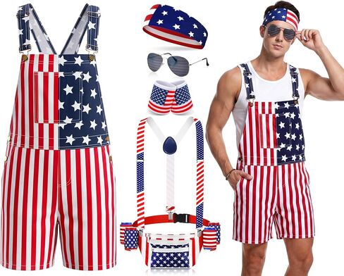 Mepase 6 Pcs American Flag Costume 4th of July Overalls Patriotic Accessories Fanny Pack Beer Belt Headband Wristband Glasses(L) in Kuwait