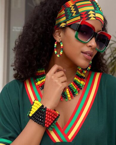 Quelay 8 قطعة ملابس Juneteenth للنساء الأفريقية الجامايكية الريغي زي الاكسسوارات مجموعة فستان أقراط قلادة مطرز in Kuwait