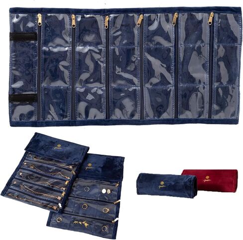 Travel jewelry organizer-Portable organizers and storage Soft Velvet travel case with Zippered, Compact Storage for Earrings, Rings, Necklaces, Studs, for Women(Blue, 18Pockets) in Saudi Arabia