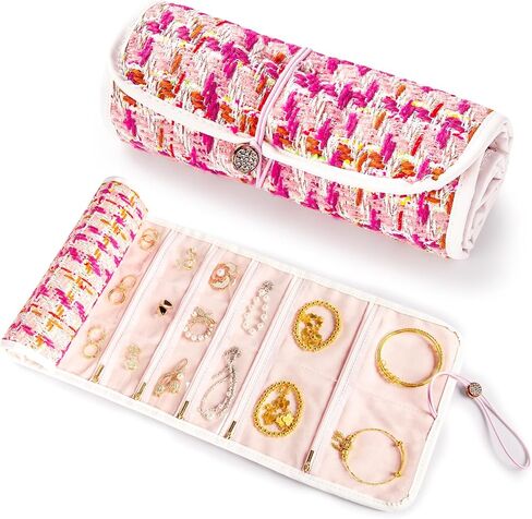 Abiudeng Tweed Travel Jewelry Organizer Roll with 20 Compartments - Rhinestone Button, Anti-Tarnish & Tangle-Free Necklace Storage Bag, Velvet Lined Scratch Protection Case for Women - Pink in Saudi Arabia
