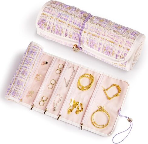 Abiudeng Tweed Travel Jewelry Organizer Roll with 20 Compartments - Rhinestone Button, Anti-Tarnish & Tangle-Free Necklace Storage Bag, Velvet Lined Scratch Protection Case for Women - Pink in Saudi Arabia