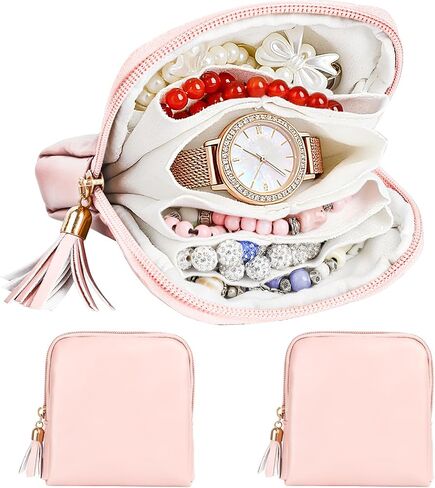 2 Pcs Jewelry Organizer Pouch, Travel Jewelry Pouch, Multi-layer Jewelry Travel Bag with Zipper, Portable Waterproof Leather Jewelries Bag for Rings, Necklaces, Earrings, Lipstick, Bracelets (Beige) in Saudi Arabia