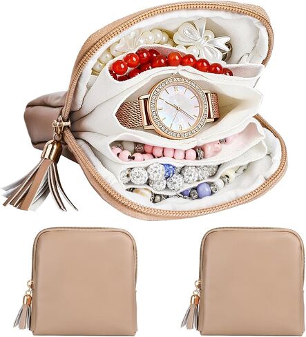 2 Pcs Jewelry Organizer Pouch, Travel Jewelry Pouch, Multi-layer Jewelry Travel Bag with Zipper, Portable Waterproof Leather Jewelries Bag for Rings, Necklaces, Earrings, Lipstick, Bracelets (Beige) in Saudi Arabia