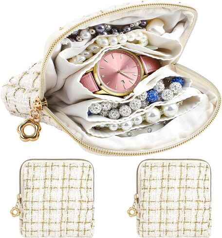 2 Pcs Jewelry Organizer Pouch, Travel Jewelry Pouch, Multi-layer Jewelry Travel Bag with Zipper, Portable Waterproof Leather Jewelries Bag for Rings, Necklaces, Earrings, Lipstick, Bracelets (Beige) in Saudi Arabia