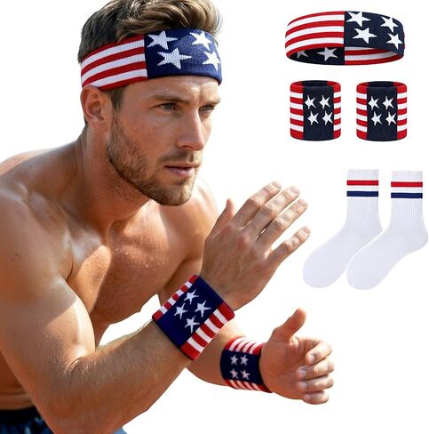 USA Striped Headband Wristband Set with Socks, American Flag Accessories for Men, Team USA Soccer Fan Red White and Blue Sweat Band, Patriotic Headbands for Football Softball Basketball in Saudi Arabia