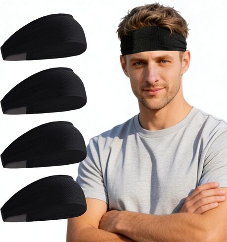 Cooling Headbands for Men, Non Slip Sport Headband Sweat Wicking 4 Pack, Elastic Quick Dry Running Headbands for Gym, Fitness, Running in Saudi Arabia