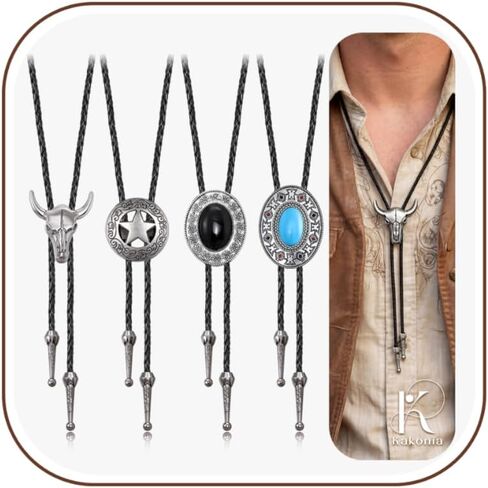 Kakonia 4Pcs Handmade Bolo Tie for Men Western Cowboy Leather Rope Necktie Vintage Costume Accessories Gift for Women Men in Saudi Arabia