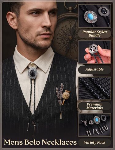 Kakonia 4Pcs Handmade Bolo Tie for Men Western Cowboy Leather Rope Necktie Vintage Costume Accessories Gift for Women Men in Saudi Arabia