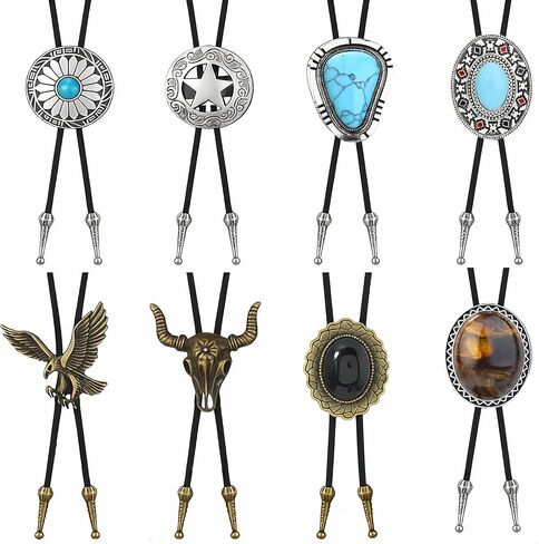 8PCS Handmade Bolo Tie Necktie, Western Cowboy Vintage Leather Necktie with Natural Tiger Eye Stone for Men Women in Kuwait