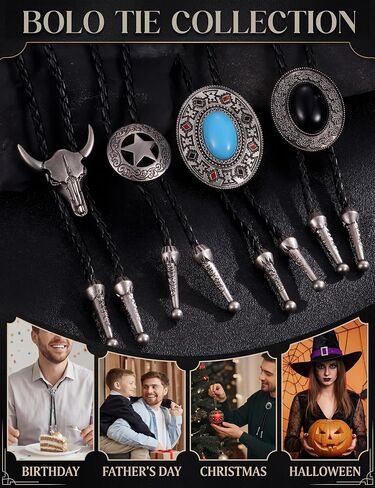 Kakonia 4Pcs Handmade Bolo Tie for Men Western Cowboy Leather Rope Necktie Vintage Costume Accessories Gift for Women Men in Saudi Arabia
