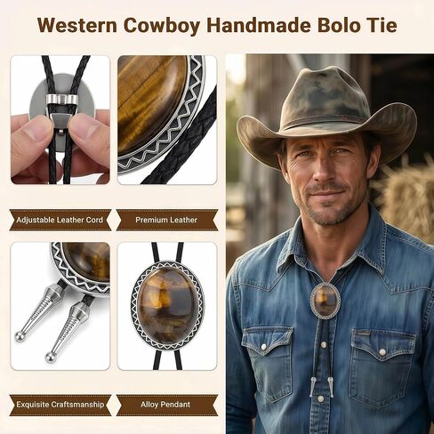 8PCS Handmade Bolo Tie Necktie, Western Cowboy Vintage Leather Necktie with Natural Tiger Eye Stone for Men Women in Kuwait