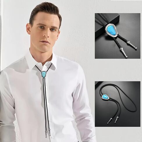 8PCS Handmade Bolo Tie Necktie, Western Cowboy Vintage Leather Necktie with Natural Tiger Eye Stone for Men Women in Kuwait