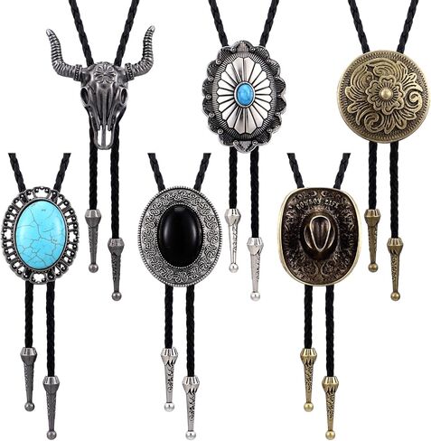 6 Pcs Bolo Tie for Men, Western Cowboy Handmade Bolo Ties Vintage Native American Leather Necktie with Natural Stone Costume Accessories Gifts Bulk for Men Father's Day in Saudi Arabia