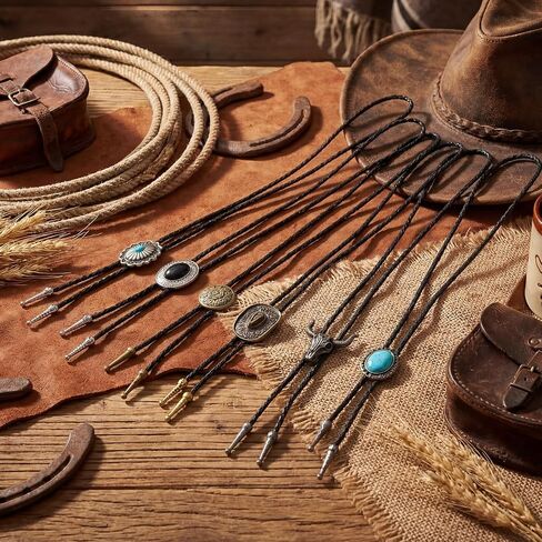 6 Pcs Bolo Tie for Men, Western Cowboy Handmade Bolo Ties Vintage Native American Leather Necktie with Natural Stone Costume Accessories Gifts Bulk for Men Father's Day in Saudi Arabia