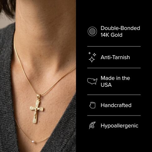 Cross+Crown Premium 14K Gold Crucifix Necklace for Women & Men, Durable Double-Bonded 14K Yellow Gold Crucifix to Avoid Tarnishing, Authentic Crucifix Pendant for Men & Women, Handcrafted in the USA in Kuwait