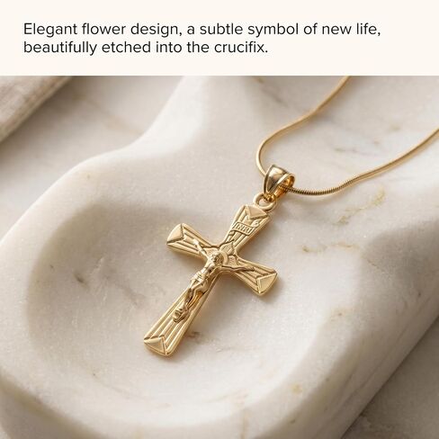 Cross+Crown Premium 14K Gold Crucifix Necklace for Women & Men, Durable Double-Bonded 14K Yellow Gold Crucifix to Avoid Tarnishing, Authentic Crucifix Pendant for Men & Women, Handcrafted in the USA in Kuwait