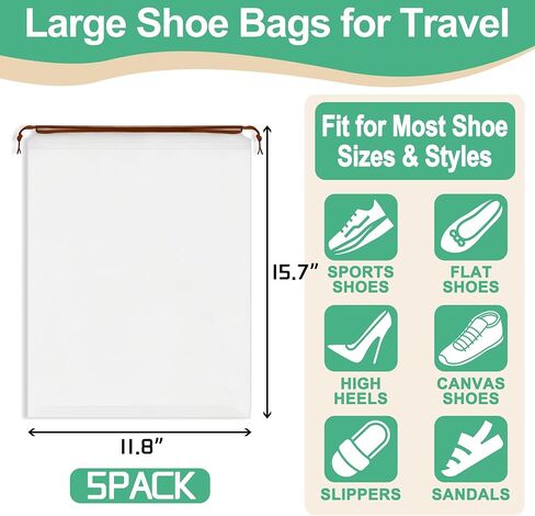 KLASIT Shoe Bags for Travel,Large Waterproof Portable Drawstring Clear Shoe Bags,Travel Essentials for Men and Women,15.7 x 11.8 inches, 5 PACK in Saudi Arabia