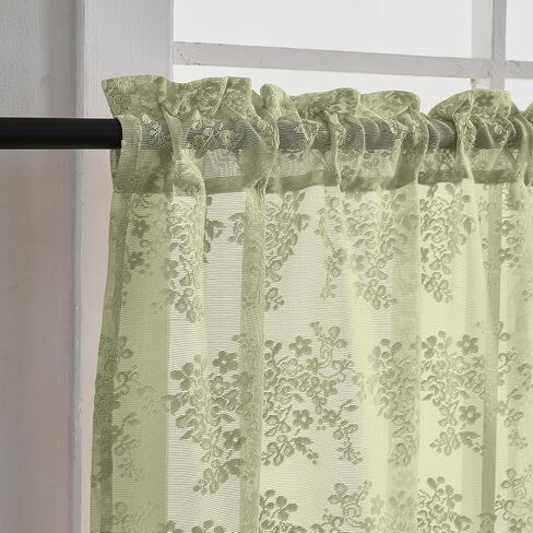 YJ YANJUN Vintage Lace Curtains 36 Inch Length-Victorian Floral Pattern Boho Sage Green Kitchen Window Curtains Over Sink Set of 2 Camper Window Privacy Drapes that Let Light in Spring 26x36 Inch in Saudi Arabia