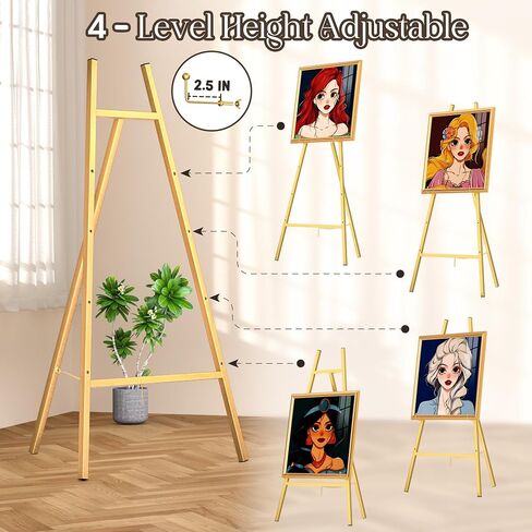 Gold Metal Easel Stand for Sign,Heavy Duty Art Easel with Adjustable Chain,Tripod Structure,4-Level Height—Easels for Wedding Welcome Sign Holder,Baby Shower Poster,Birthday Party,Posters in Saudi Arabia