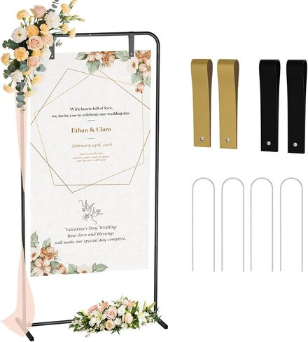 Babenest Welcome Sign Stand, Gold Adjustable Metal Linen Sign Holder with 4 Ground Stakes & 2 Leather Straps, Wedding Banners & Posters for Baby Bridal Valentine Standing Display (Without signs) in Kuwait