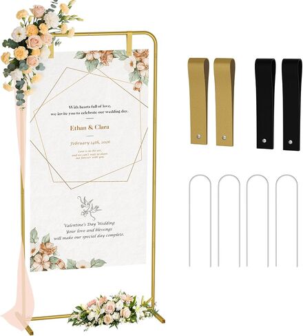 Babenest Welcome Sign Stand, Gold Adjustable Metal Linen Sign Holder with 4 Ground Stakes & 2 Leather Straps, Wedding Banners & Posters for Baby Bridal Valentine Standing Display (Without signs) in Kuwait