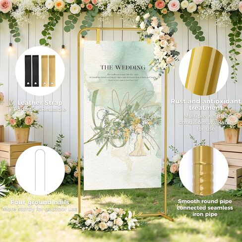 Babenest Welcome Sign Stand, Gold Adjustable Metal Linen Sign Holder with 4 Ground Stakes & 2 Leather Straps, Wedding Banners & Posters for Baby Bridal Valentine Standing Display (Without signs) in Kuwait