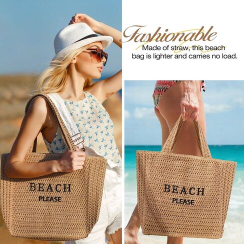 Tavaleu Straw Beach Bags for Women, Large Beach Bag Summer Woven Tote Bag Travel Shoulder Handbags for Holiday in Kuwait