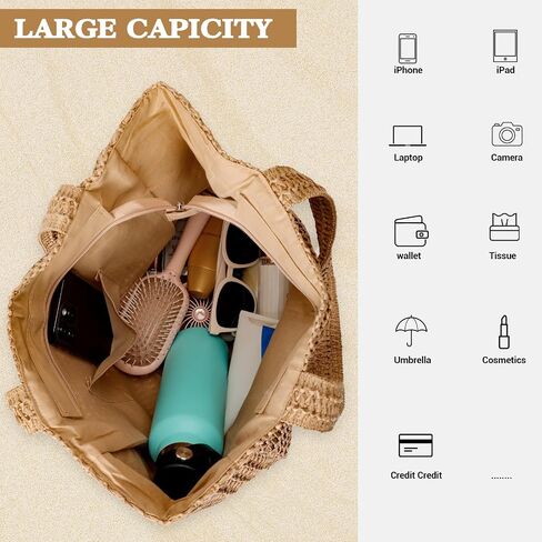 Tavaleu Straw Beach Bags for Women, Large Beach Bag Summer Woven Tote Bag Travel Shoulder Handbags for Holiday in Kuwait