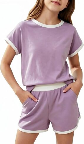 Tween Girls 2 Piece Outfits Short Sleeve Top and Shorts Set Athletic Summer Clothes for Girls, Size 7-14 Years in Kuwait
