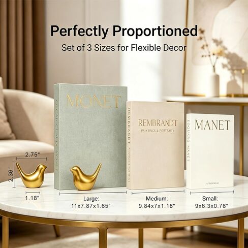 Decorative Books for Home Decor with Small Birds Statues Gold Home Decoration,Set of 3 Linen Fake Book Boxes for Bedroom, Living Room, Office Desktop, Shelf Decor Aesthetic in Saudi Arabia
