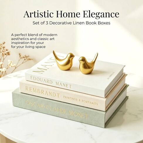 Decorative Books for Home Decor with Small Birds Statues Gold Home Decoration,Set of 3 Linen Fake Book Boxes for Bedroom, Living Room, Office Desktop, Shelf Decor Aesthetic in Saudi Arabia