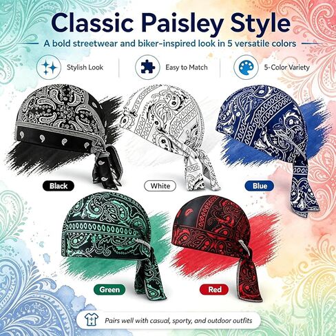 5Pack Paisley Cooling Headscarf Cap Set, Motorcycle Bandanas for Men,Set Bandana Beanie, Breathable, Adjustable Straps Multi in Kuwait