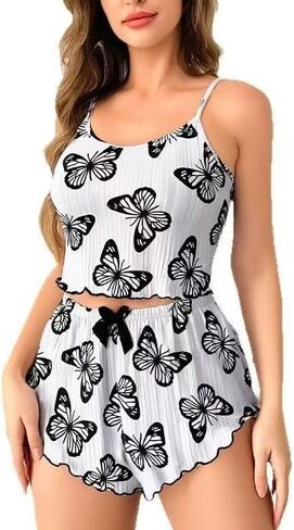 A Set of Printed Butterfly Suspender Women's Pajamas, Cute and Suitable for Wearing as Outerwear in Kuwait