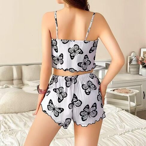 A Set of Printed Butterfly Suspender Women's Pajamas, Cute and Suitable for Wearing as Outerwear in Kuwait