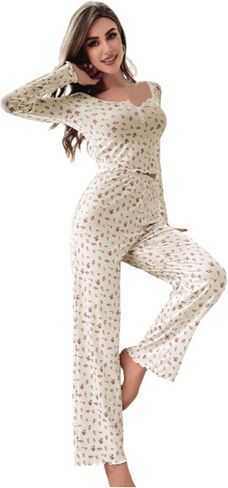 Women's Fashion Pyjama Set Floral Print Long Sleeves & Trousers Casual Comfort Soft & Soft Oversized Style in Kuwait